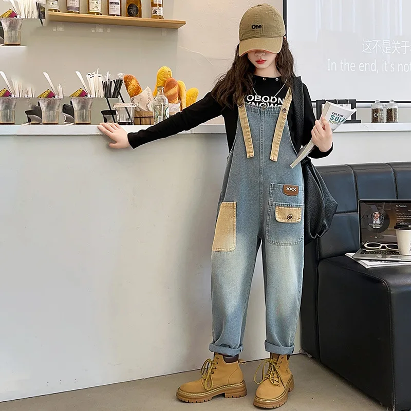 Fashion Design Kids Denim Patchwork Overalls for Girls Casual Jeans Suspenders With Strap Teen Child Vintage Blue Jeans Jumpsuit