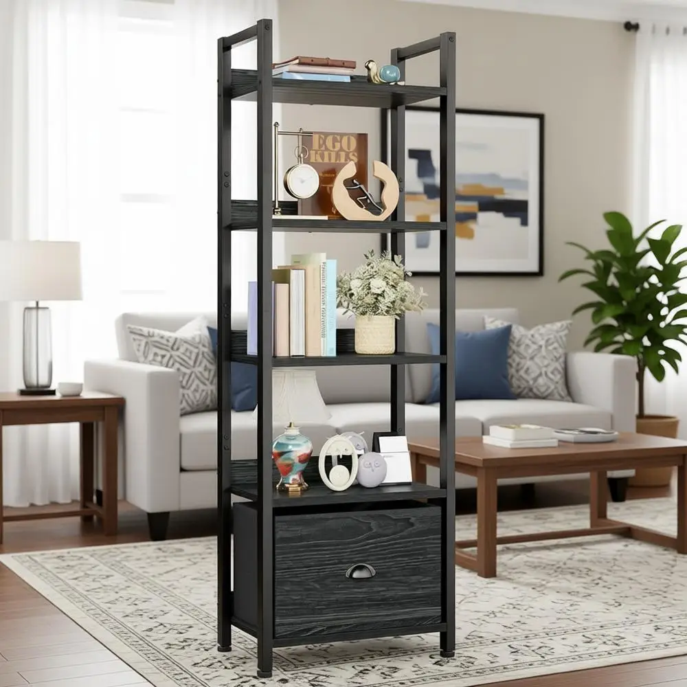 

5-ярусная книжная полка, кухонный стеллаж для хранения, высокий узкий книжный шкаф, напольный стеллаж в индустриальном стиле, деревянные и металлические полки для