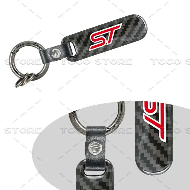 1Pcs Car Carbon Fiber Decor ST Logo Emblem Zinc Alloy Keyrings Keychain Pendant For Ford Focus Fiesta Edge Kuga