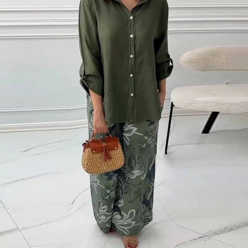 

Women Cotton Two Piece Sets Spring Summer Casual V-neck Long Sleeve Pocket Shirts 2 Piece Set Fashion Loose Wide Leg Pants Suit