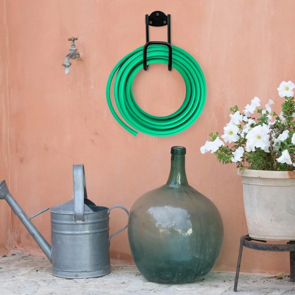 Wall Mounted Iron Hose Rack 4 Piece Set for Garden Water Pipe Storage in Outdoor Environments Including Patios Garages and Sheds