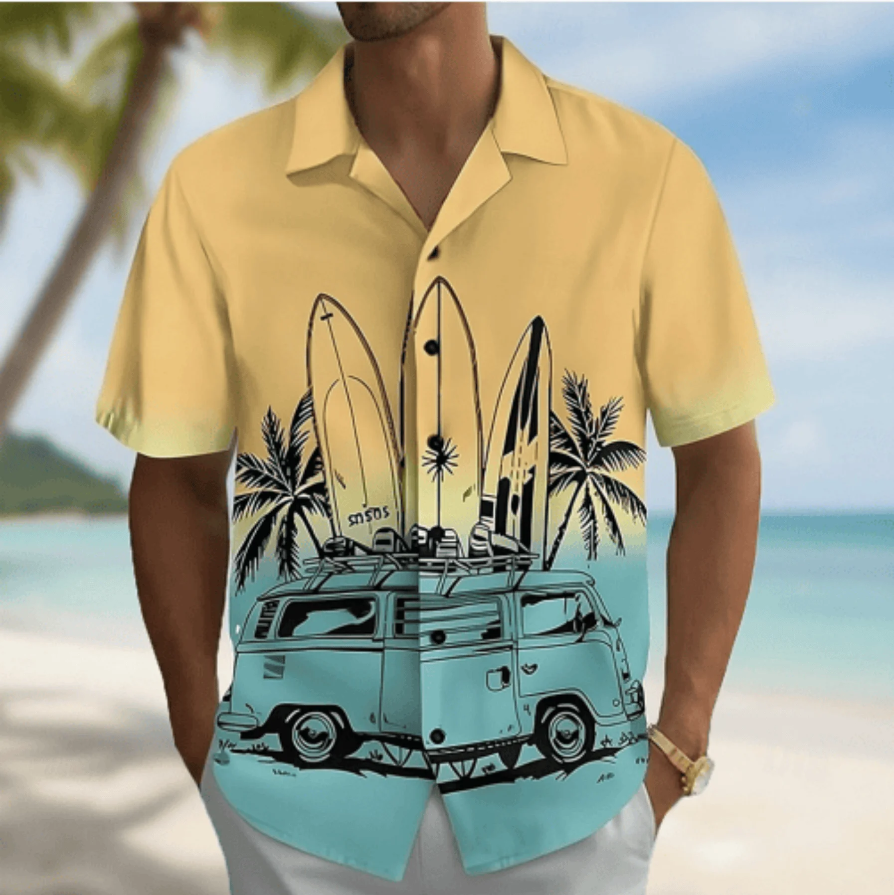 

Men's Yellow Blue Print Short Sleeve Shirt, Spring Summer Retro Hawaiian Vacation Blouse, Loose Casual Top