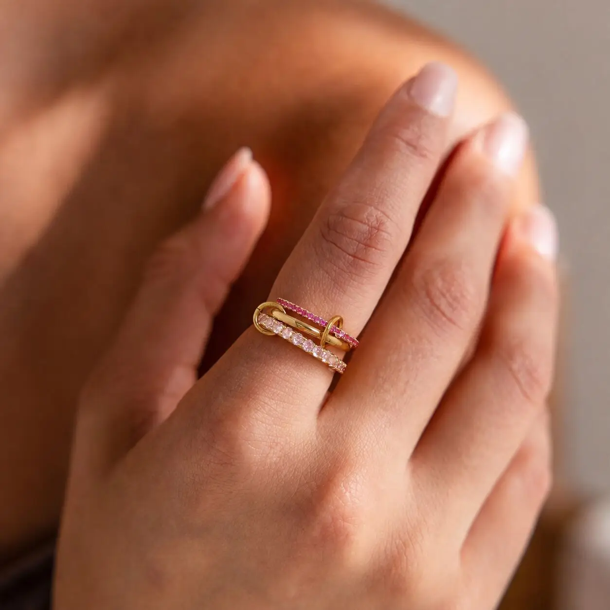 KunJoe Cubic Zirconia Stainless Steel Multilayer Connecting Ring Women Luxury 18K Gold Plated Finger Rings Trendy Party Jewelry