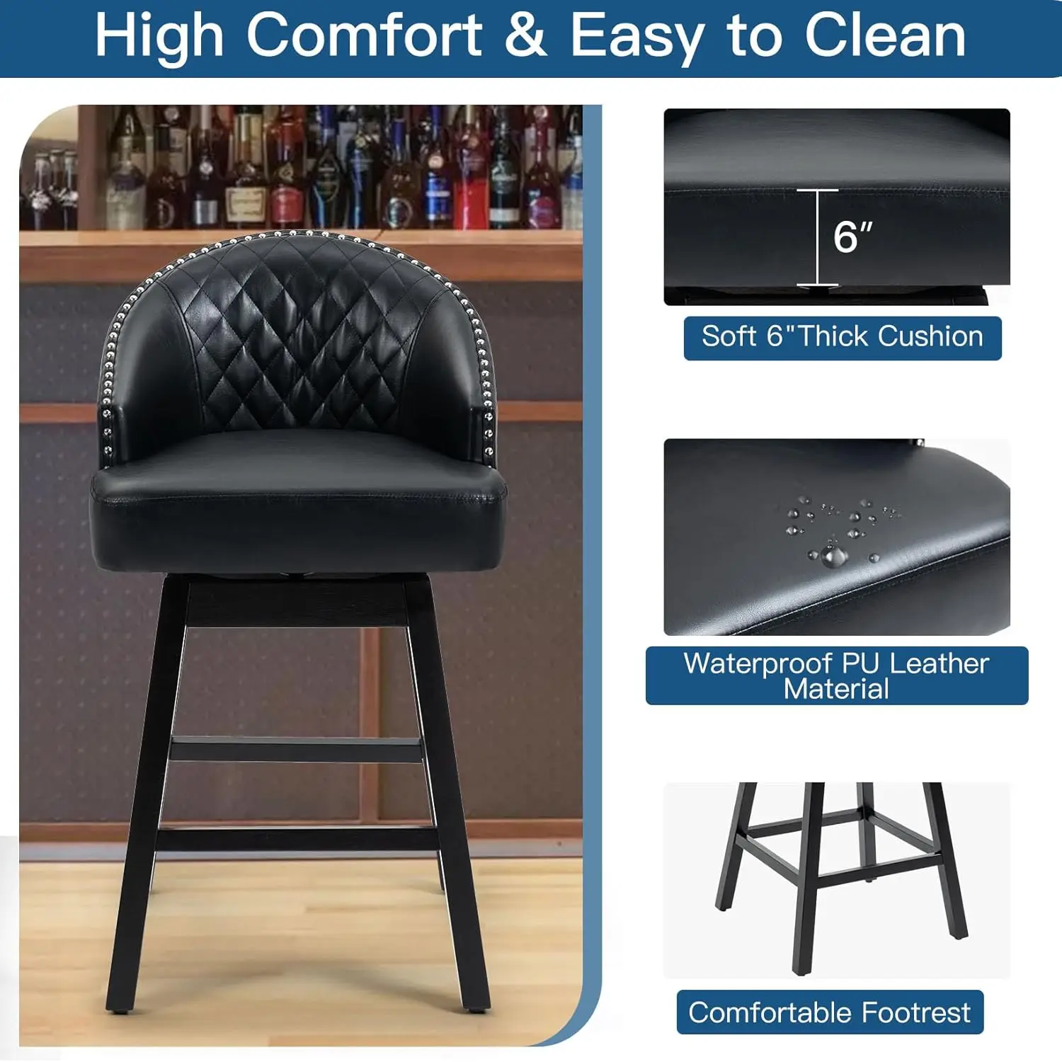 ECOTOUGE Juego de taburetes de bar giratorios de 2, taburetes de bar de altura de asiento de 29" con respaldo y patas de madera de caucho, taburetes de mostrador de cuero PU para cocina