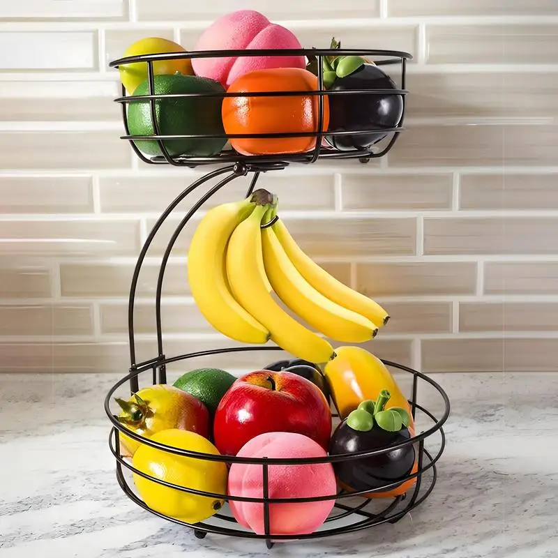 

Fruit Basket 2 Tier Heavy Duty Produce Holder with Hanger Reusable Counter Organizer Kitchen Supplies for Restaurants