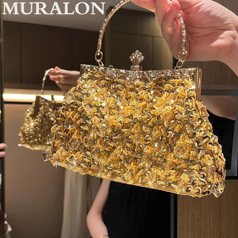 Metal Handheld Sequins Handbag vintage Diamond Handmade Bead Embroidery Bag Glitter Tassel Banquet Dinner Party Women's Bag