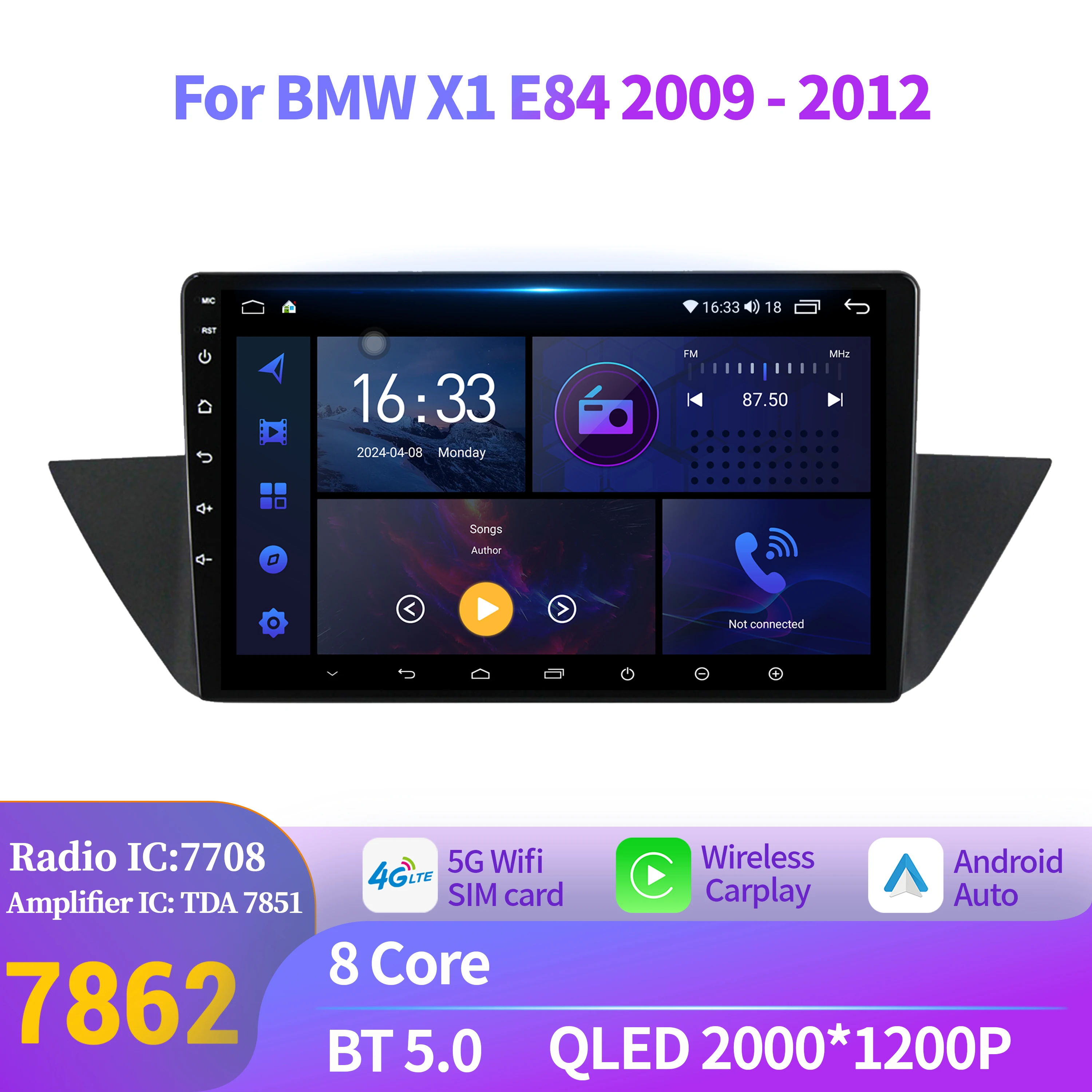 

For BMW X1 E84 2009-2012 Android 14 Car Radio Wireless Bluetooth Carplay Multimedia 7862S 8G 256G Touch 2K QLED Screen Stereo