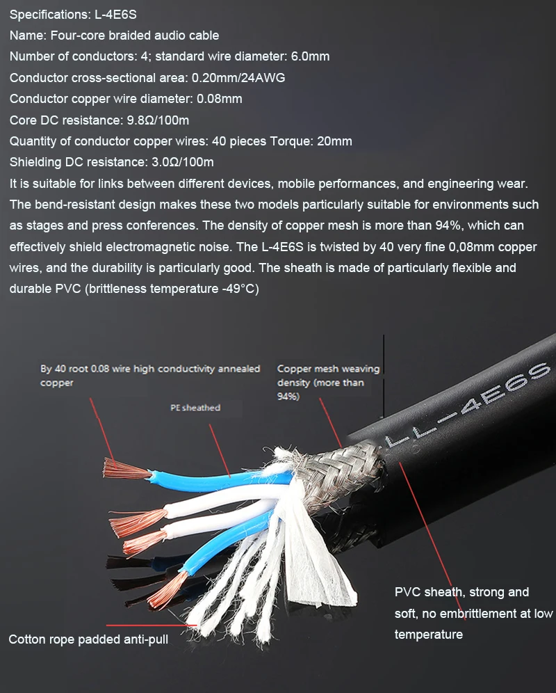 CANARE 4-adriges Stern-Quad-Mikrofon-Audiokabel L-4E6S Alle Leitungssignale Draht Außendurchmesser 6 mm 4 * 0,2 mm2 geflochtener Abschirmung – Detail 12