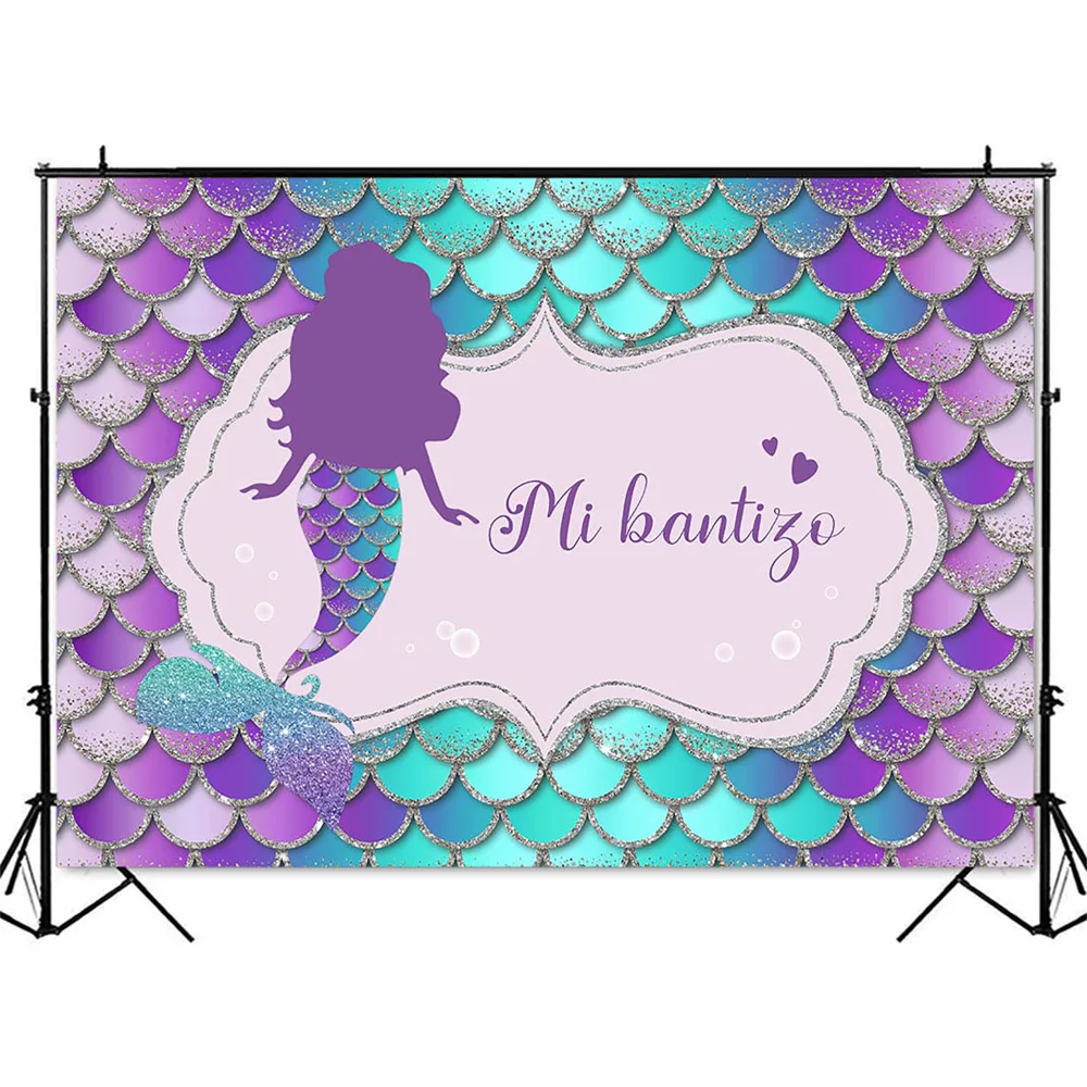 Mi Bantizo Backdrop for Baby Shower Theme Party Decoration Mermaid Birthday Party Background for Girls Summer Holidays Banner