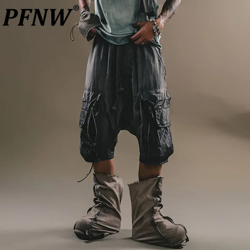 PFNW Functional Style Men's Shorts Causal Three-dimensional Pocket Washd Worn-out Bottom Solid Color Male Trouser New 12C486