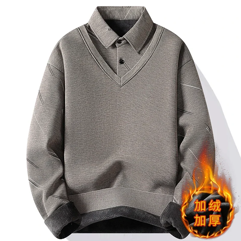 Męski sweter z podszewką z polaru 2024 Winter New Thick Warm Top Polo Shirt Collar Fake Two Piece Casual Knitwear Pullover Odzież męska