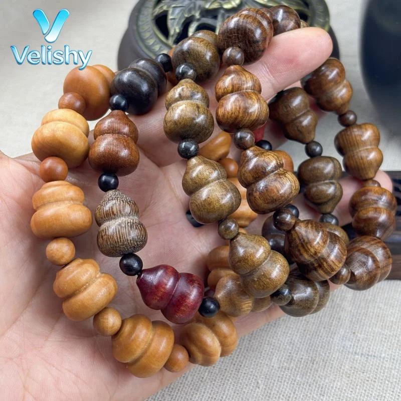 Natural Sandalwood Gourd Beaded Bracelet Handcrafted Smooth Beads Adjustable for Daily Wear Meditation Yoga Practice