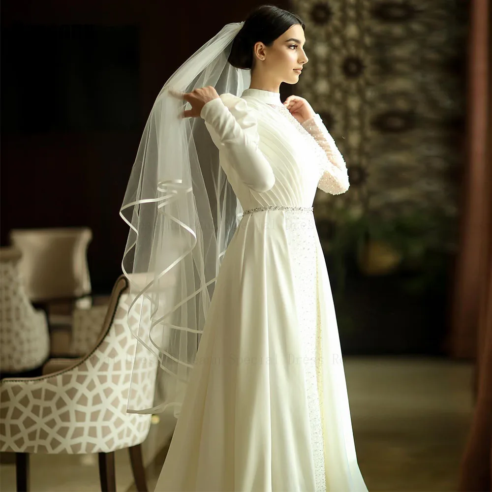 Muslim Retro High Collar A-line Wedding Dresses Ruffle Paillette Lace Full Brush Train Floor Length Bride Dress robe de mariée