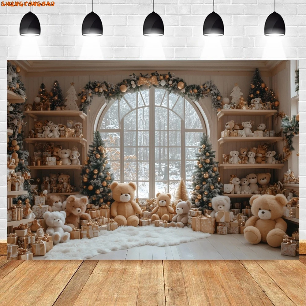 ฉากหลังคริสต์มาสของเล่นหมีตู้ภายในหน้าต่างของขวัญหิมะฤดูหนาวเด็กทารก Portrait Xmas Party การถ่ายภาพพื้นหลัง