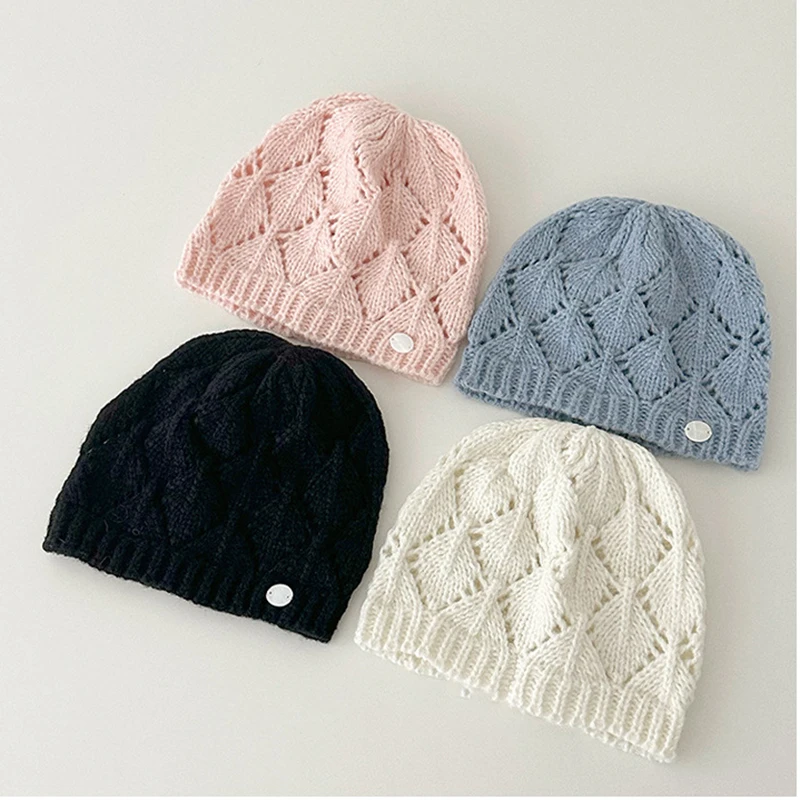 Korean Ins Hand-woven Skullies Hat Women Autumn Winter All-match Thin Hollow Knitted Warm Caps Female Solid Colors