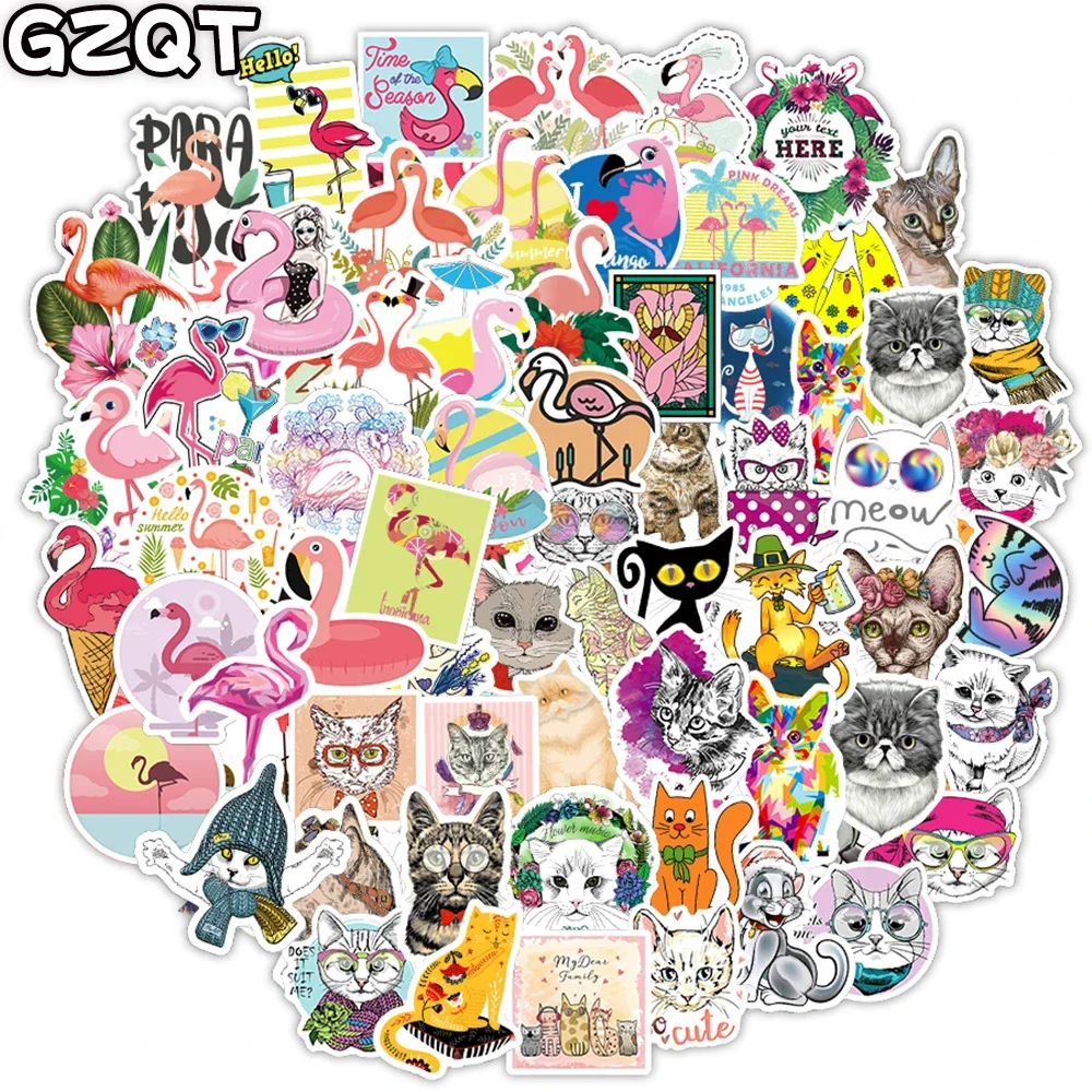10/100 PCS Cute Flamingo Cat Stickers for Laptop Skateboard Car Bike Guitar Phone Luggage Fridge Waterproof Animal Sticker Decal