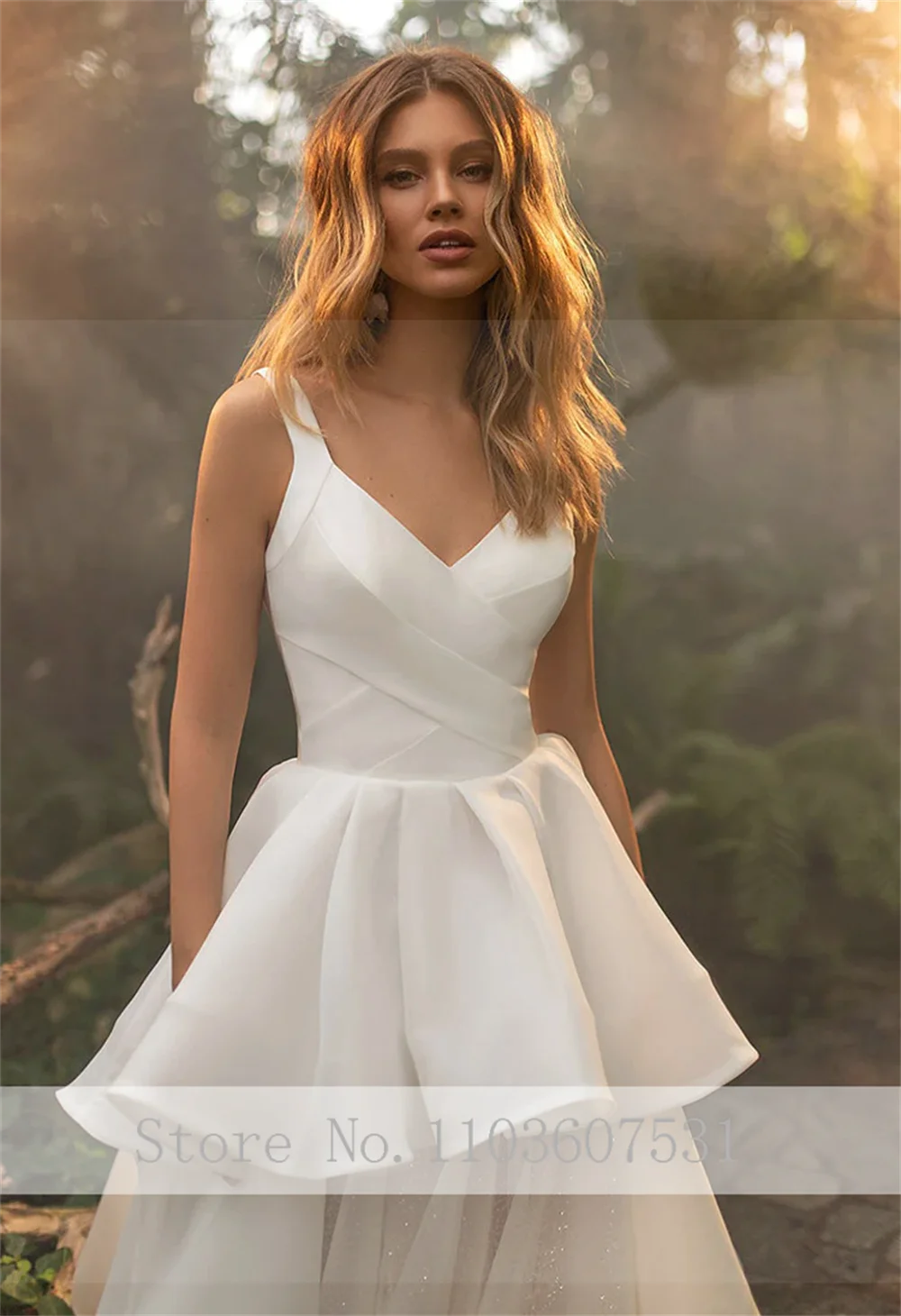 Vestido de novia de satén con tirantes finos y cuello en V para mujer, vestido de novia con volantes, línea A, Espalda descubierta, vestido de fiesta de boda