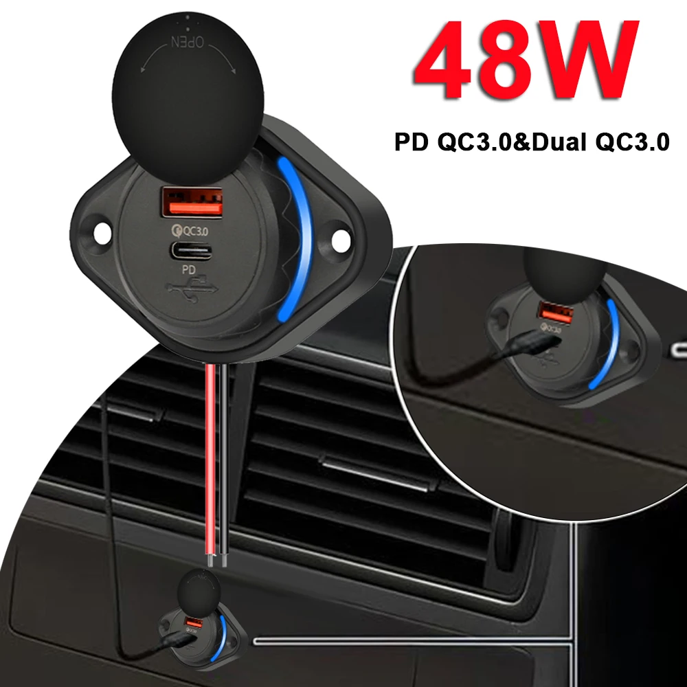 PD QC 3.0 Car Fast Charger Socket 12V/24V waterproof with Sliding USB Type-C 48W Quick Charge Adapter Power Outlet  for Bus Boat