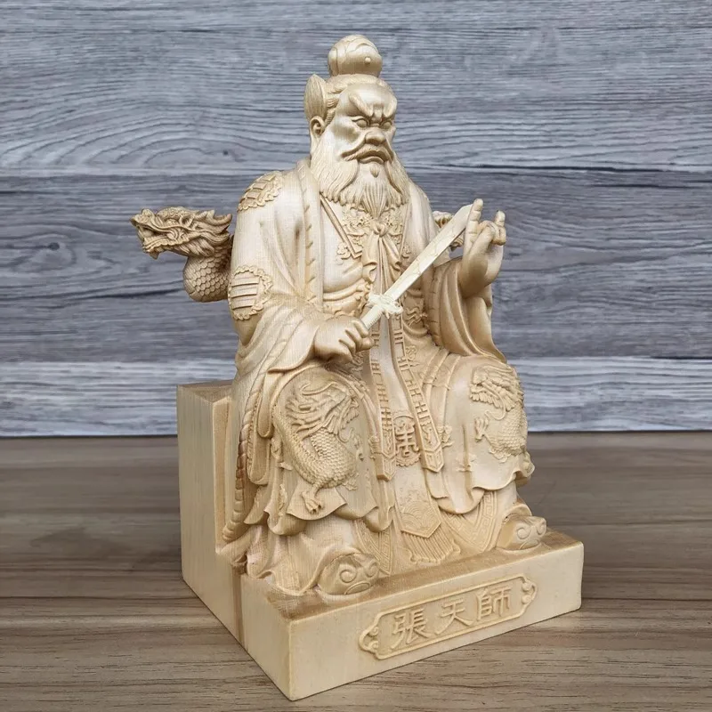 Hand Carved Wooden Zhang Tianshi Statue Figurine - Taoist Master Zhang Daoling Ornament Home Temple Altar Decor Gift