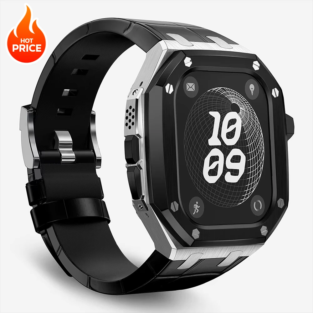 

Luxury Titanium Alloy Modification Kit For Apple Watch Ultra 49mm Leather Strap For Iwatch Series 9 8 7 6 5 SE 4 45MM 44MM Mod