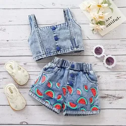 Summer Baby Girl Children Blue Denim Strap Top+Watermelon Printed Denim Shorts