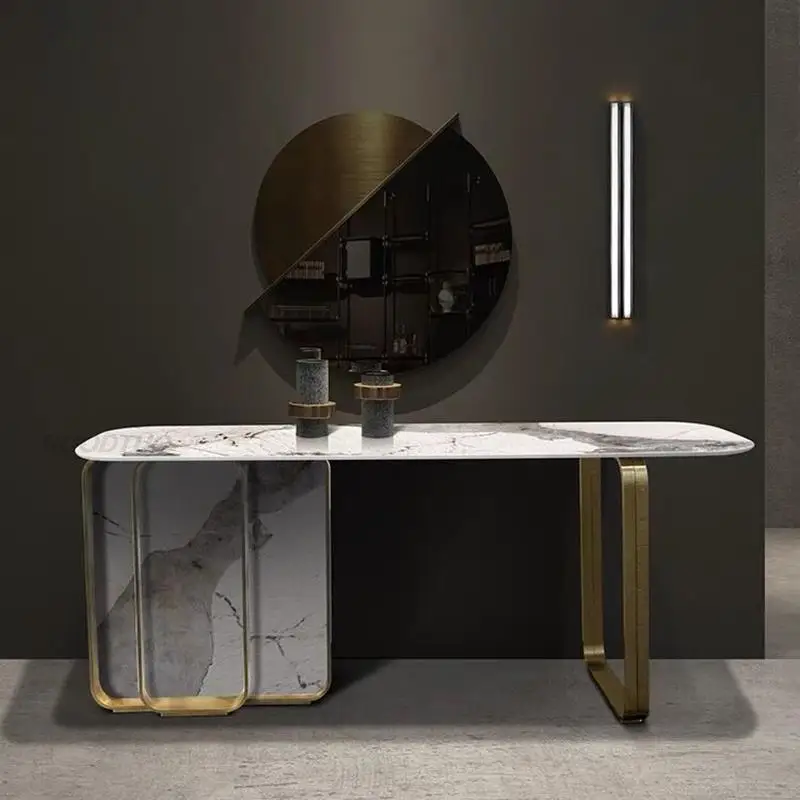 Luxury Popular Minimalist Modern Stainless Steel Curbed Console Table Aisle Corridor Marble Golden Living Room Furniture