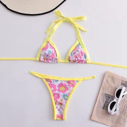 Cute Print Bikini Backless Swimsuit Tangas Triangle Floral Border Halter Strappy Swimwear Women Micro Beach Outfits Bathing Suit