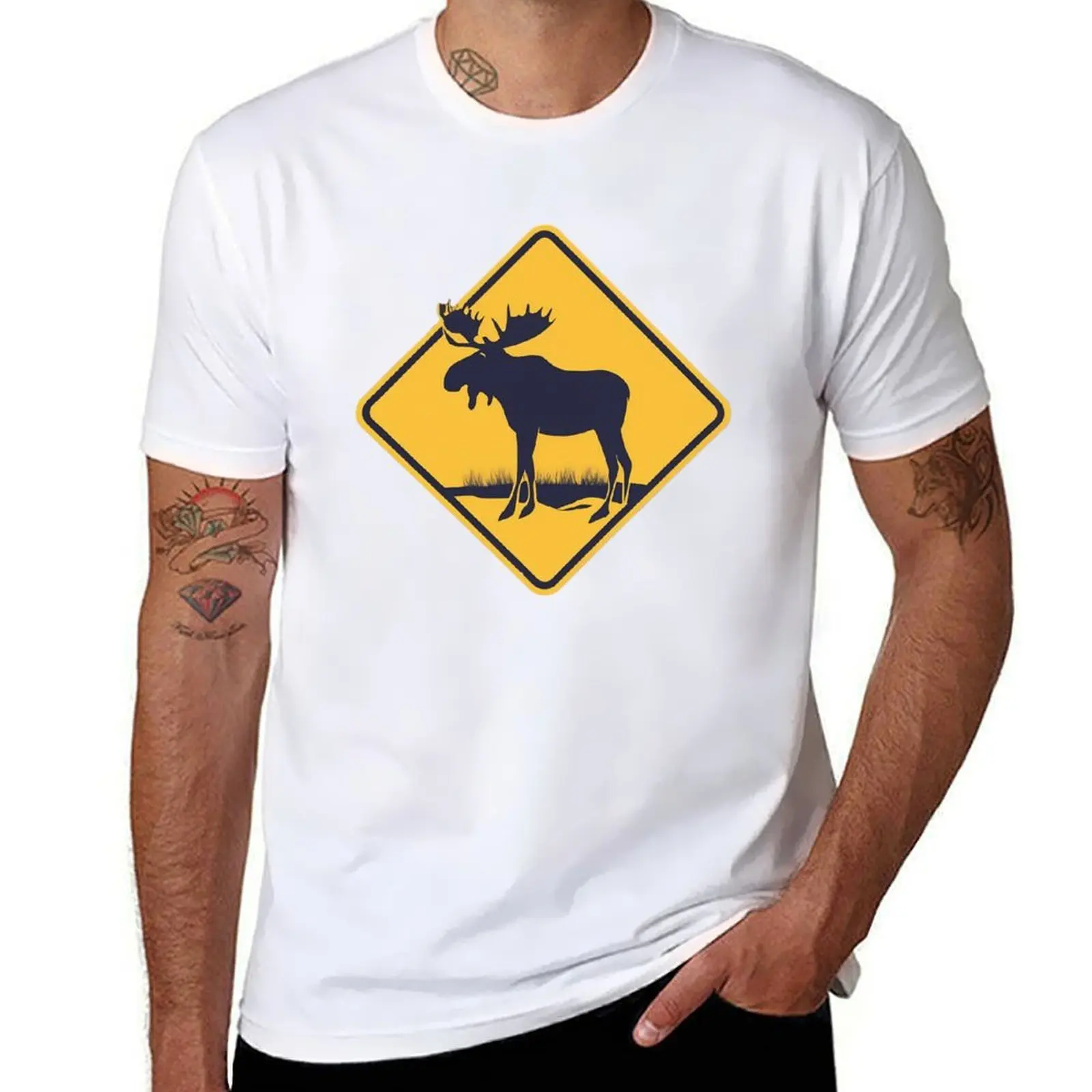 

Moose Warning Road Sign T-Shirt man t shirts graphic cotton t shirts man 100% T-Shirt