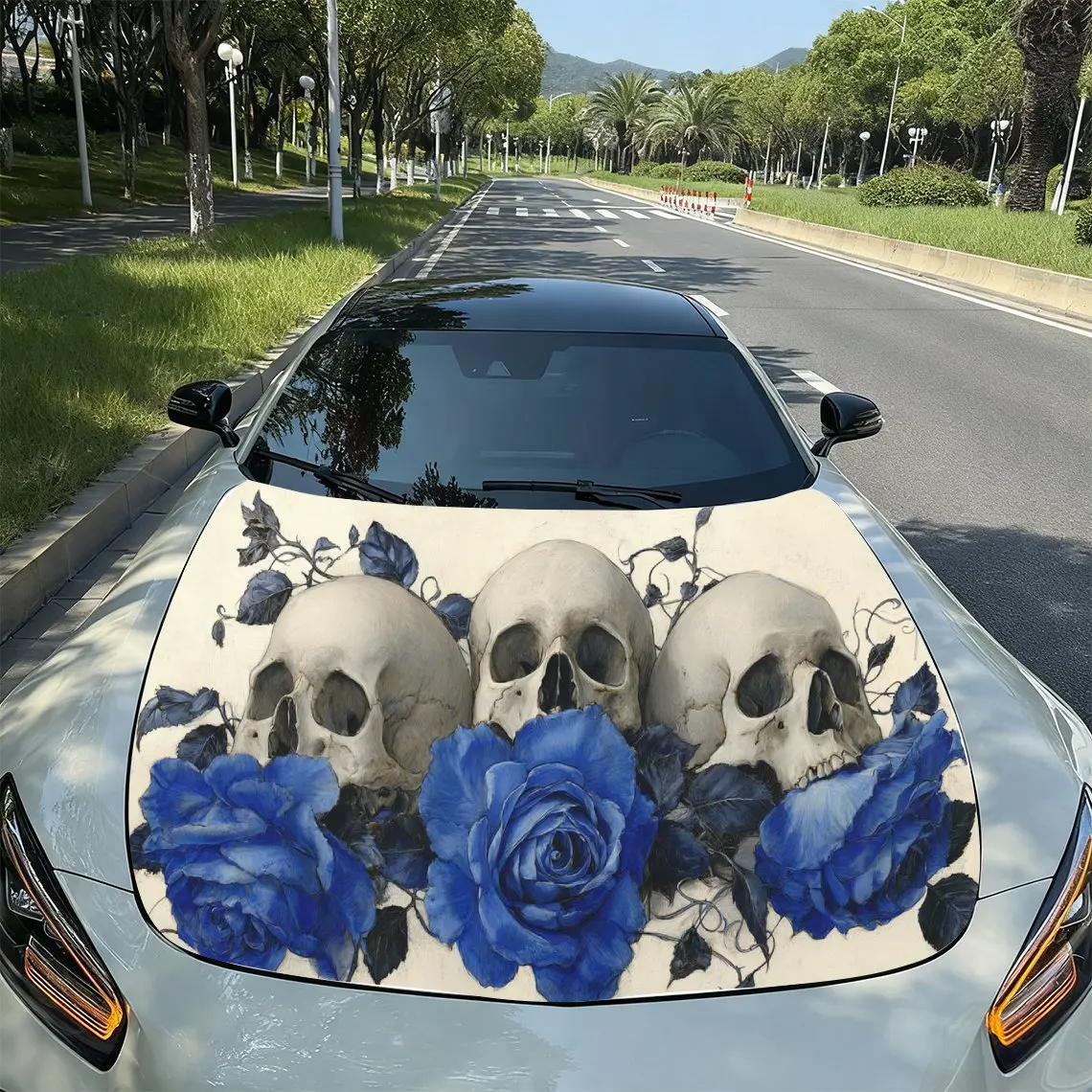 

Blue Rose Skull Gothic Retro PVC Car Hood Wraps, Self-Adhesive Waterproof Car Bonnet Decal Sticker, Car Decoration Protection St