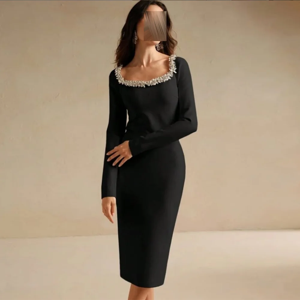 

Customized square collar Prom Gown Backless rhinestone Beading Full Sleeve Knee-Length Prom Gown Modern Straight Party Dress