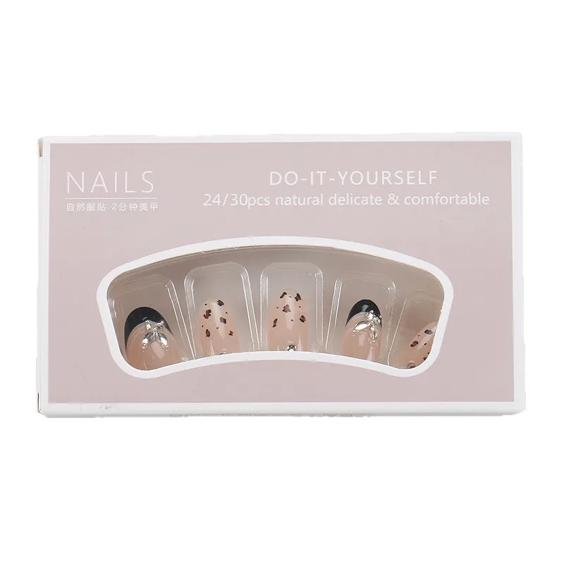 

Early autumn wear nail pure handmade caramel color French leopard print butterfly diamond decoration nail art autumn and winter