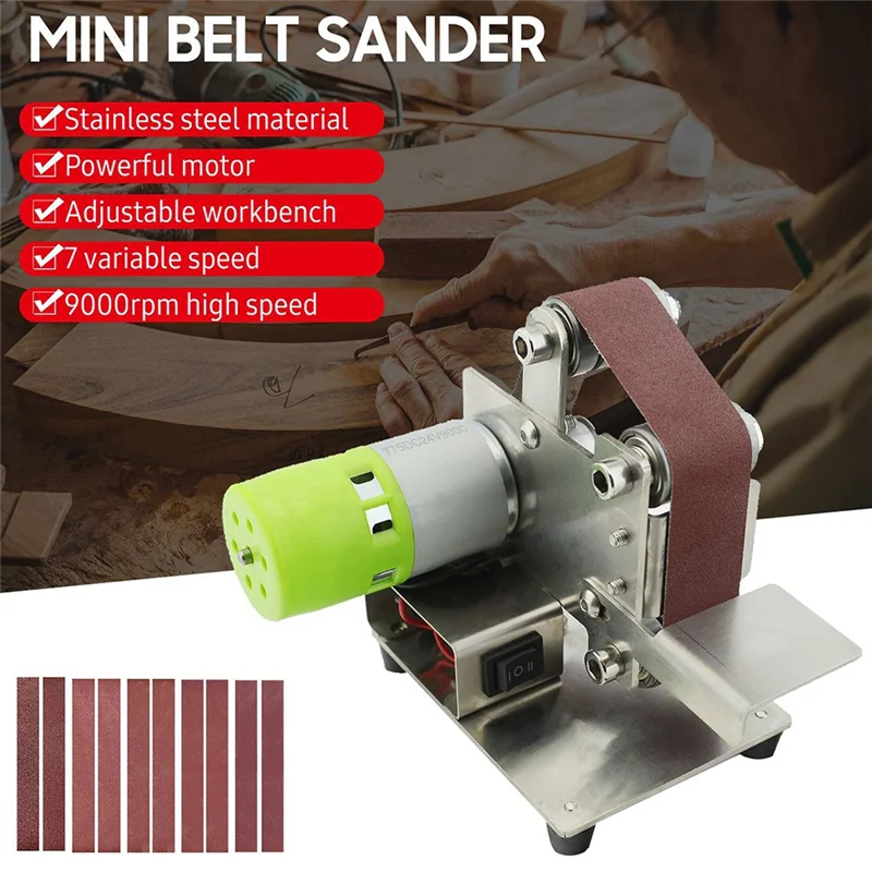 Belt Sander Electric Sanding Polishing Grinding Machine 7 Variable Speed 10 Sanding Belts For Polishing Wood EU Plug Silver