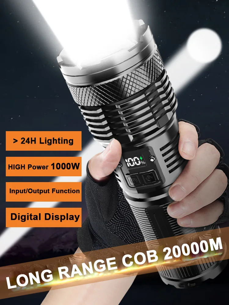 Hot Selling 1000W Outdoor High-power LED Flashlight TYPE-C USB Searchlight Aluminum COB Zoom Lantern Output/Input for Patrol Cam