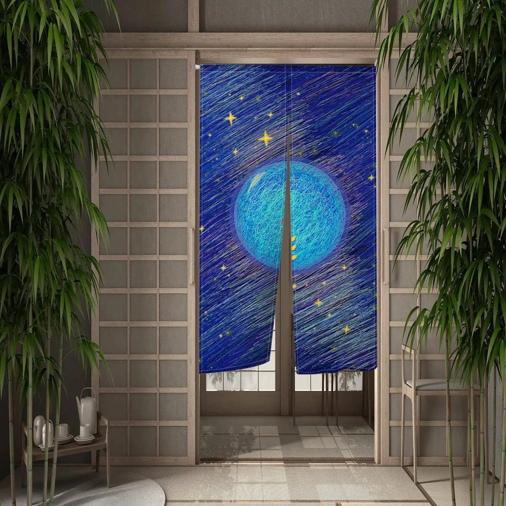 Japanese Door Curtain Moon Night Partition Kitchen Doorway Decorative Drapes Cafe Corridor Entrance Noren Hanging Half-Curtain