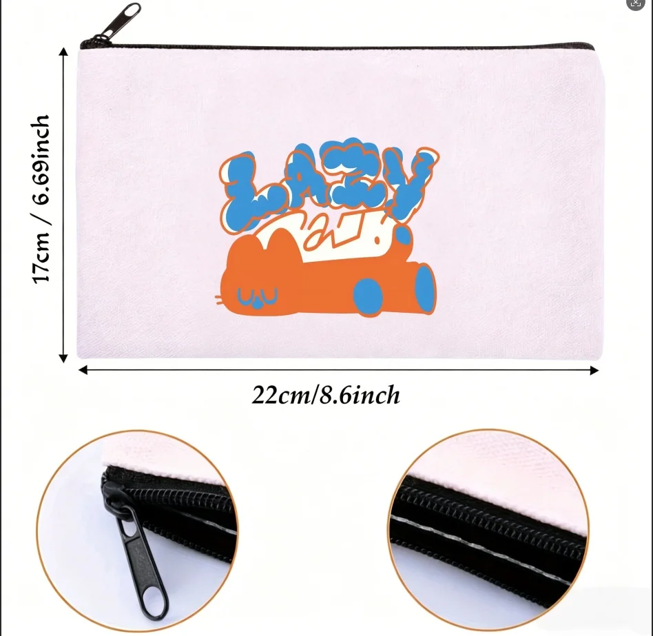 1PC Lazy Cartoon Cat Bubble Letter Print Canvas Cosmetic Bag Portable Zipper Makeup Storage Pouch Gift