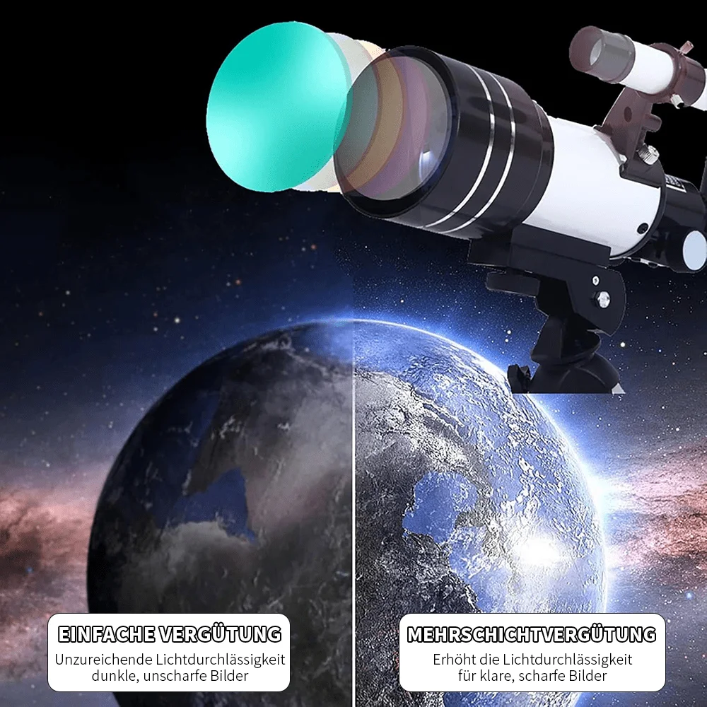 150X Refraktor-Astronomieteleskop mit 70mm Objektivlinse, tragbar mit Stativ & Smartphone-Adapter für Sternenbeobachtung – Detail 3