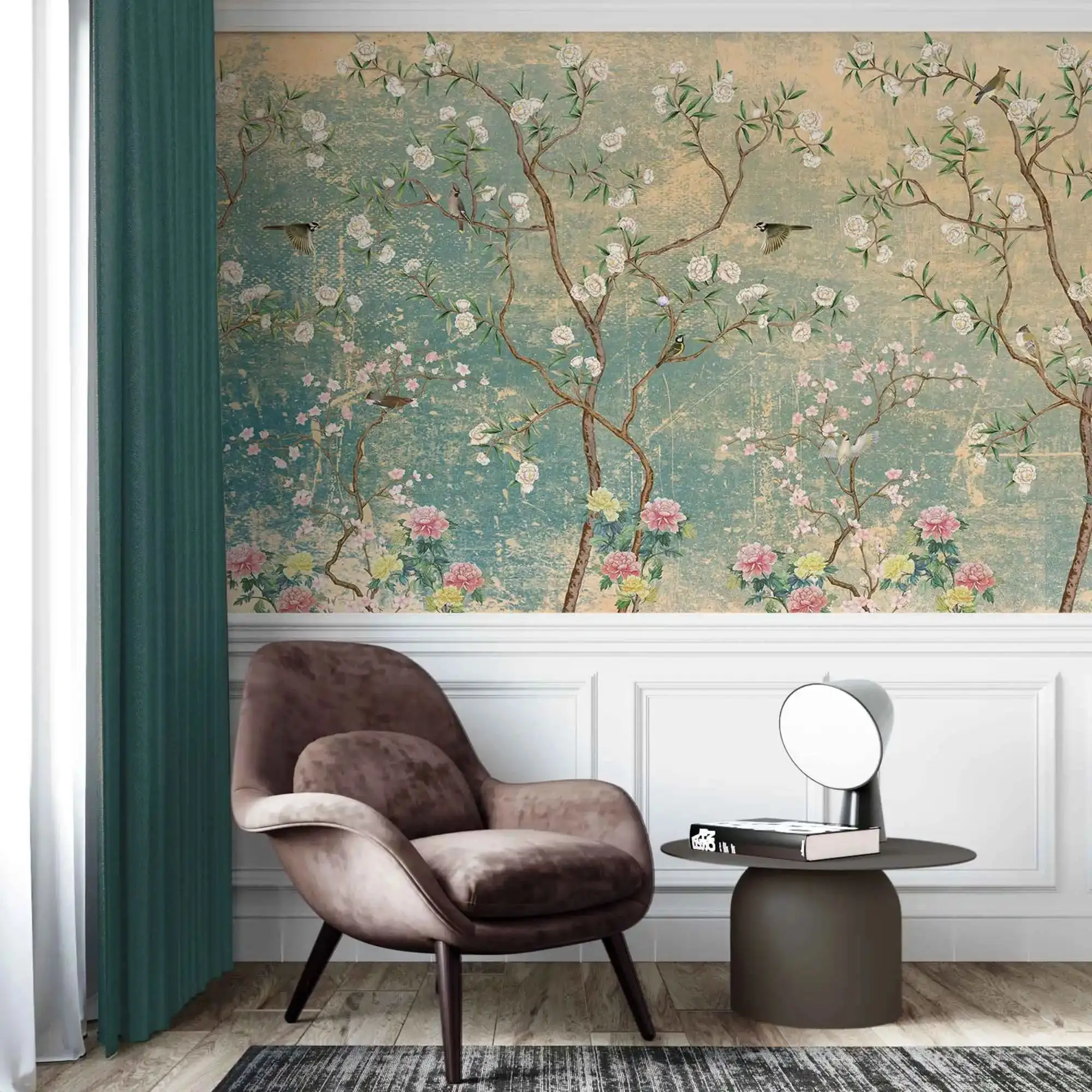 Vintage Chinoiserie Wallpaper with Watercolor handdrawn Birds and floral ancient Wallpaper, non-woven wallpaper