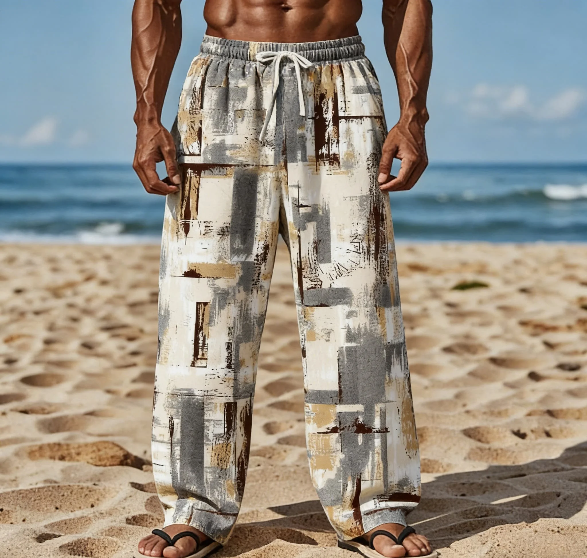 Men's Geometric Print Casual Pants 2026 Summer Loose Drawstring Quick Dry Breathable Trousers for Casual Street Daily Outfits