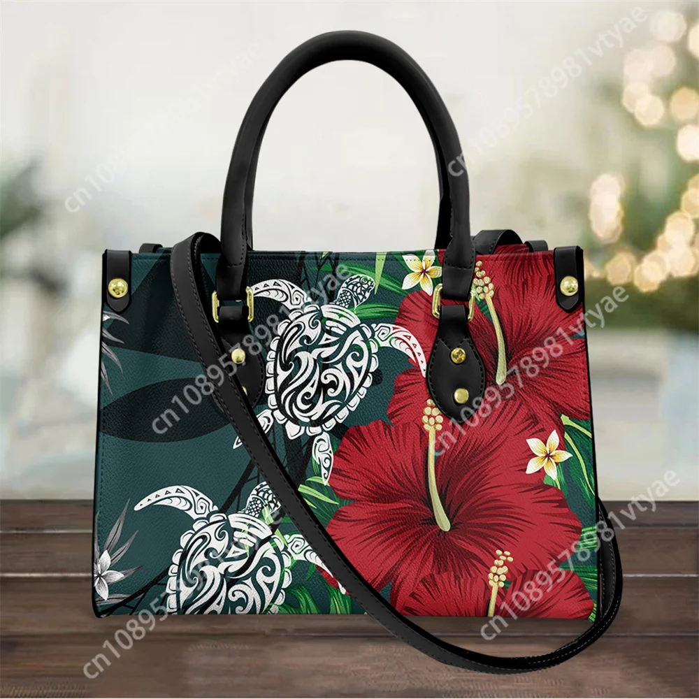 Polynesian Tribal Printed Crossbody Bag for Women Hawaiian Hibiscus Flower with Tattoo Sea Turtle Pattern Leather Handbag Female