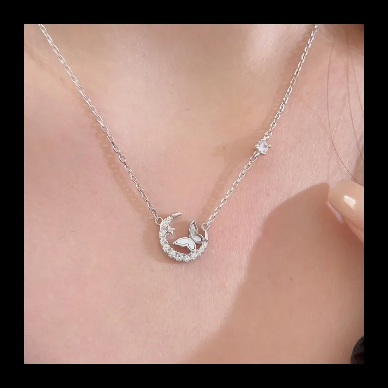 Ins رائجة البيع الهلال القمر نجمة فراشة شكل قلادة ضوء فاخر S925 الفضة الأم قذيفة تصميم الترقوة سلسلة الزركون ne