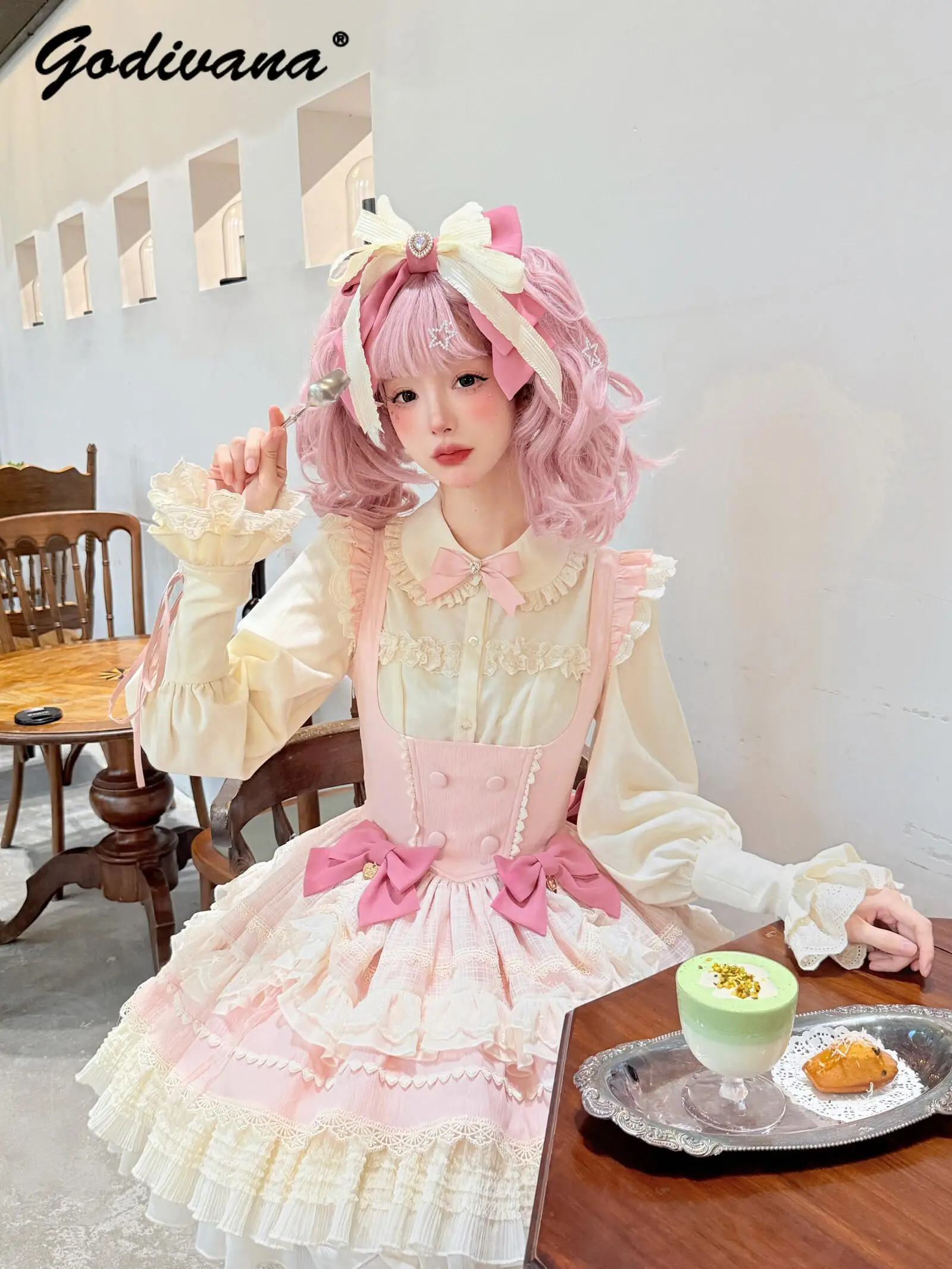 

Original Design Lolita Long Sleeve Shirt Girl Women's Peter Pan Collar Cuff Lace-up Long Sleeve Cos Inner Shirt Blouse Tops