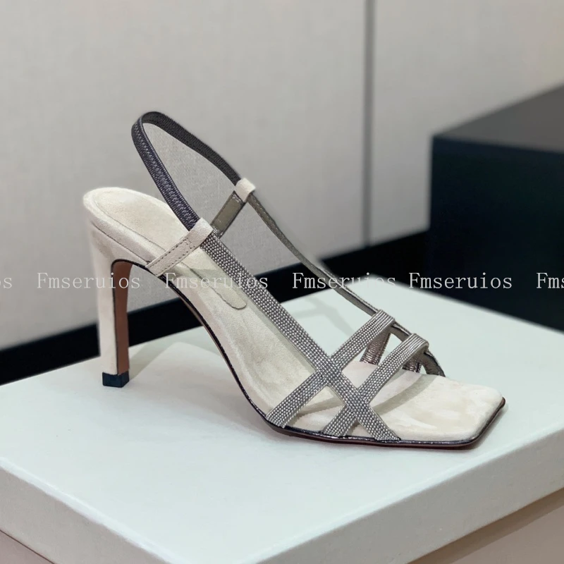 

Летние женские босоножки на высоком каблуке с квадратным носком на шпильке и ремешком на щиколотке со стразами, сексуальный модный дизайн, вечерние туфли высшего качества