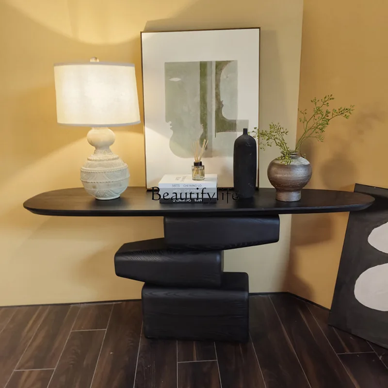 

02Wabi Sansan Wind Entrance Art Case Retro Black Solid Wood Furniture Ornament Medieval Entrance Platform