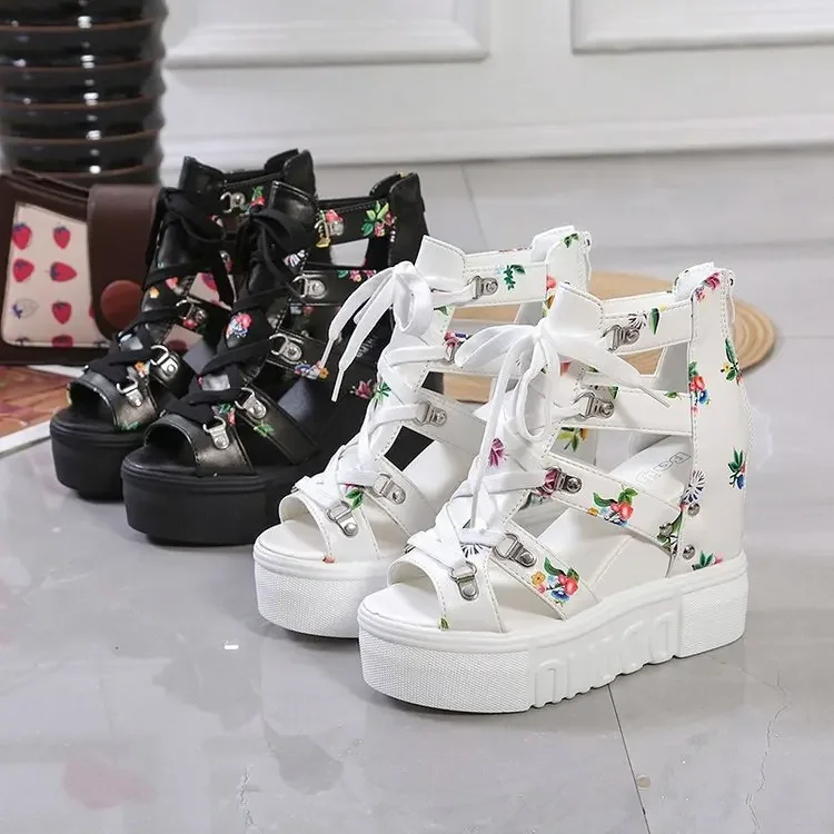 Hot Print Leisure Wedges Women\'s Shoes 2024 Summer Shoes Women Sandals Platform Shoelaces High Heels Casual Shoes Woman