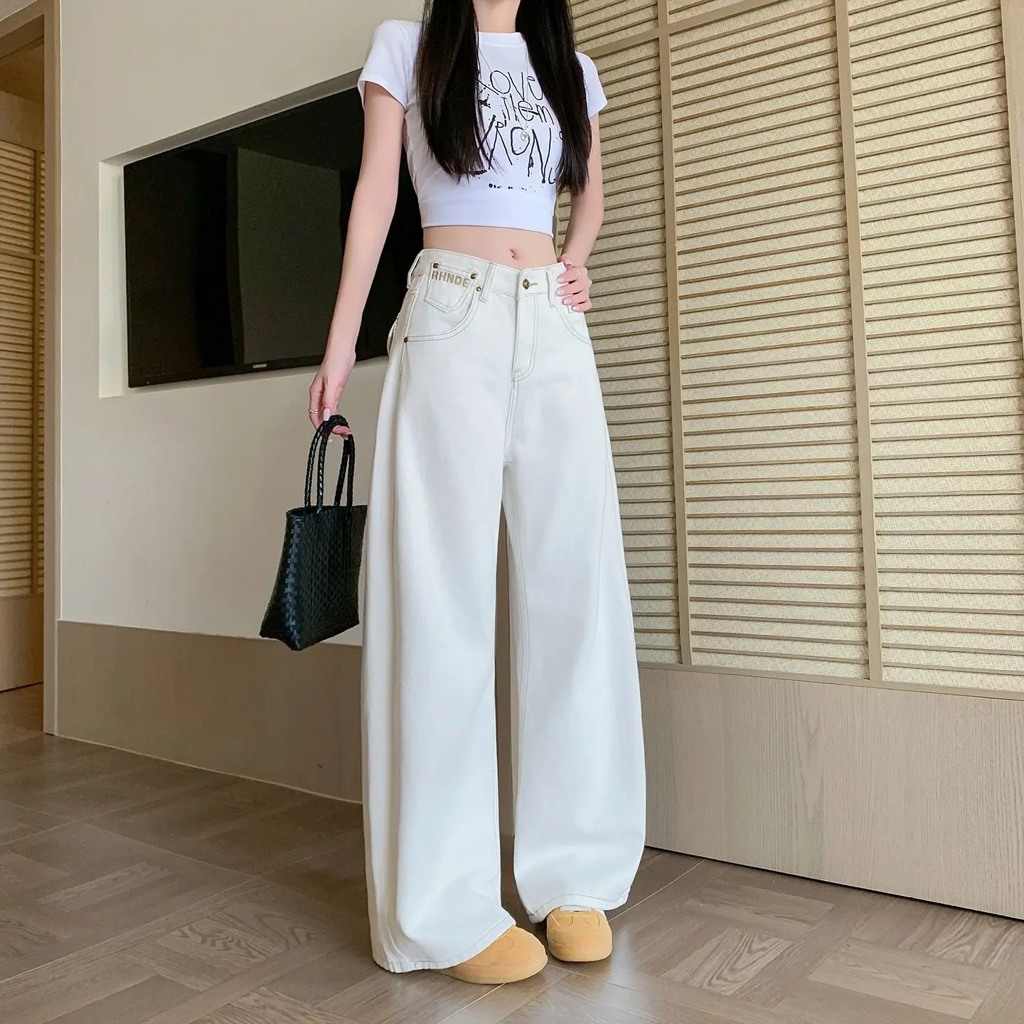 Button Detail Jeans Womens Vintage Design Sense Wide Leg Floor Length Trousers Y2K Streetwear Summer  Casual Chic