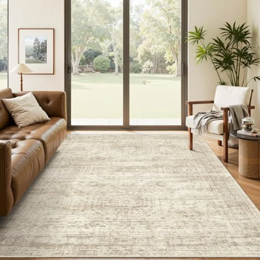 

5x7 Area Rugs Beige Low Pile Indoor Washable Trendy Faded Style Rugs for Bedroom Living Room Dining Room Foldable NonSlip Thin