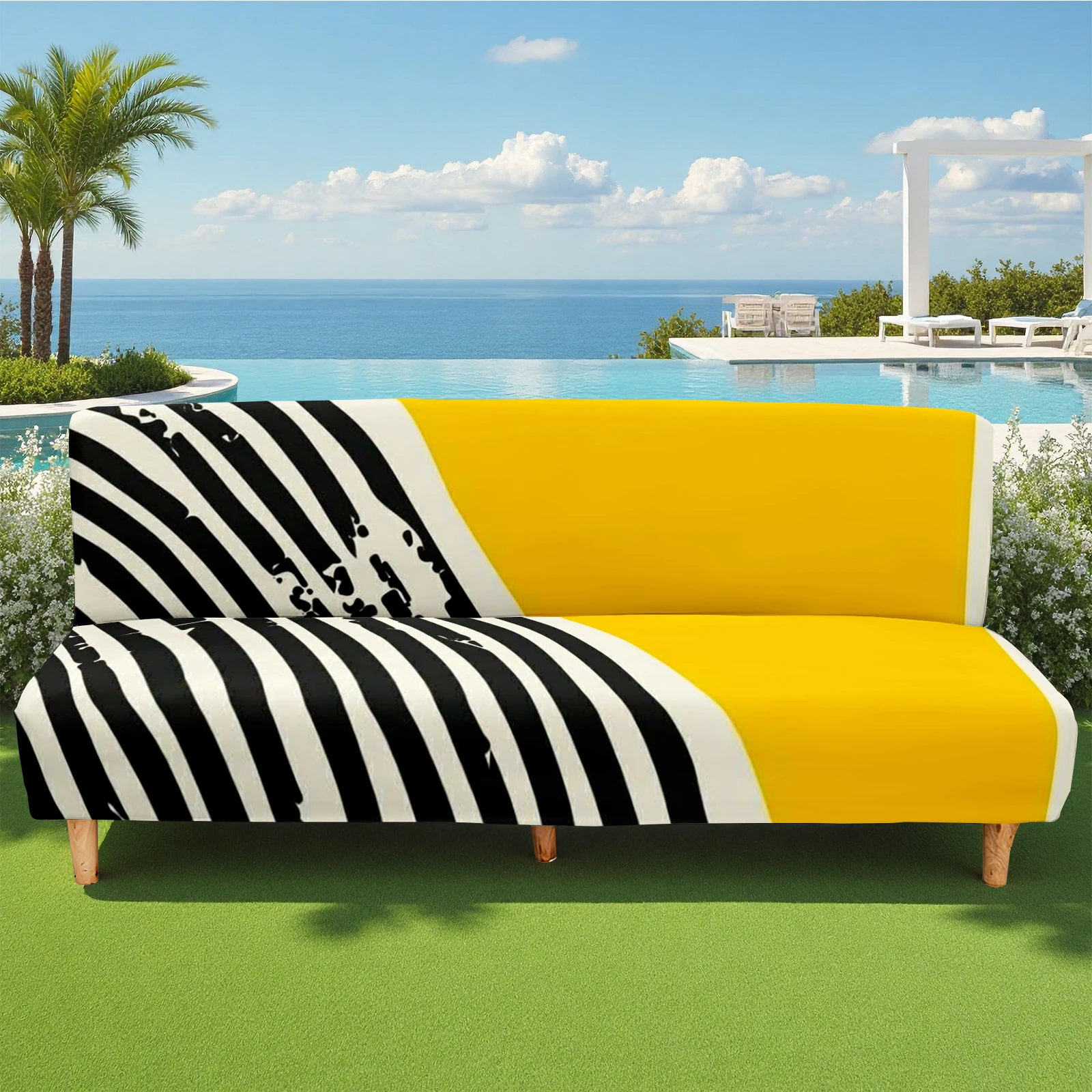 Bold Geometric Print Summer Outdoor Futon Cover, Elastic Milk Silk Sofa Bed Cover, Pet - Friendly, Washable