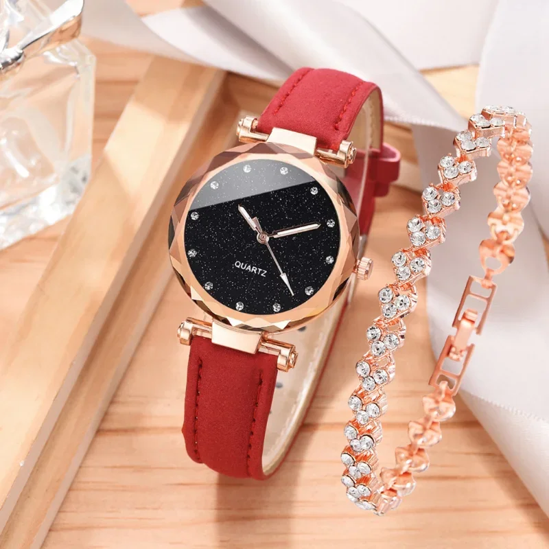 2pcs Luxury Fashion Women Watch Set PU Leather Strap Ladies Quartz Wristwatch Rhinestone RoseGold Alloy Bracelet For Ladies Gift