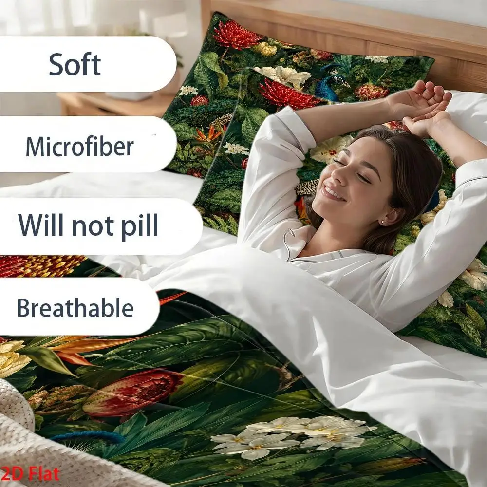 3Pc Peacock Floral Print Quilt Cover Set, Three-Piece Bedding Set (1*Quilt Cover + 2*Pillowcases), Light Luxury Style Double Bedding, Skin-Friendly, Breathable, Easy to Clean and Durable, Quilted Duvet Cover with Invisible Zipper, Suitable for All Seasons, Wrinkle-Resistant, Machine Washable, Cozy Home Bedroom Decor, Nordic Style Bedding for Student Dormitories, Suitable for Home Master Bedroom and Guest Room, 3Pcs Soft and Comfortable Bedding Set, Large Double Bed Cover with Printed Design
