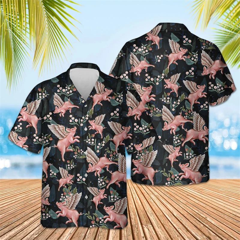 

2025 Summer 3d Anime Pig Printed Funny Shirt For Men Clothes Fashion Streetwear Hawaiian Beach Casual Lapel Breathable Blouses